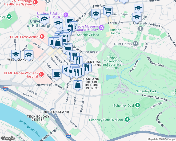 map of restaurants, bars, coffee shops, grocery stores, and more near 405 Oakland Avenue in Pittsburgh