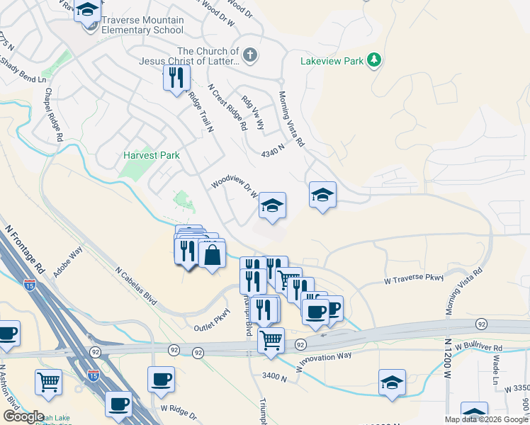 map of restaurants, bars, coffee shops, grocery stores, and more near 1933 Woodview Drive West in Lehi