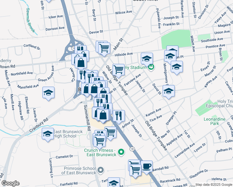 map of restaurants, bars, coffee shops, grocery stores, and more near 187 Willow Street in East Brunswick