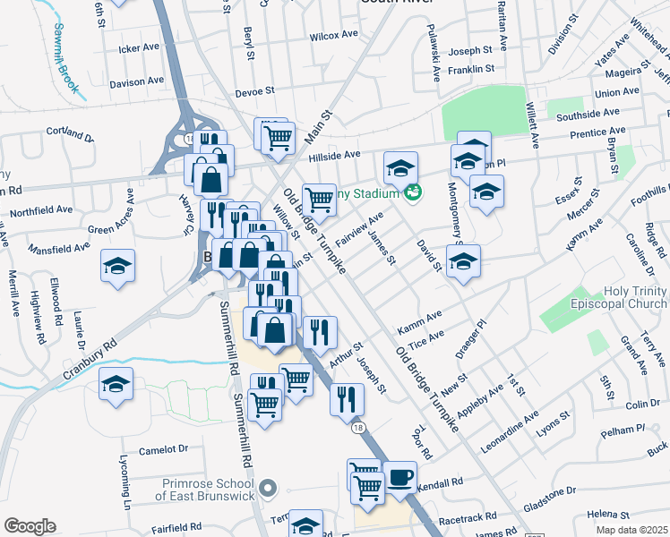map of restaurants, bars, coffee shops, grocery stores, and more near 202 Old Bridge Turnpike in South River