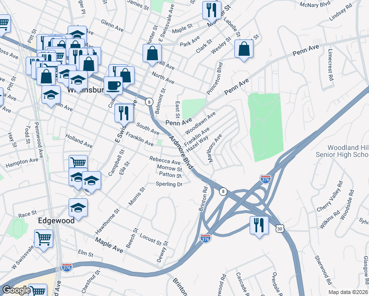 map of restaurants, bars, coffee shops, grocery stores, and more near 1302 Woodlawn Street in Pittsburgh