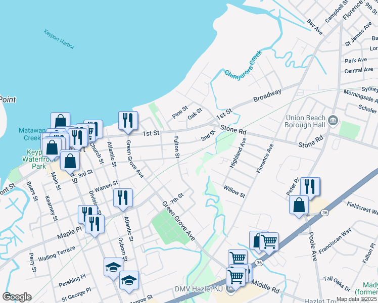map of restaurants, bars, coffee shops, grocery stores, and more near 195 2nd Street in Keyport