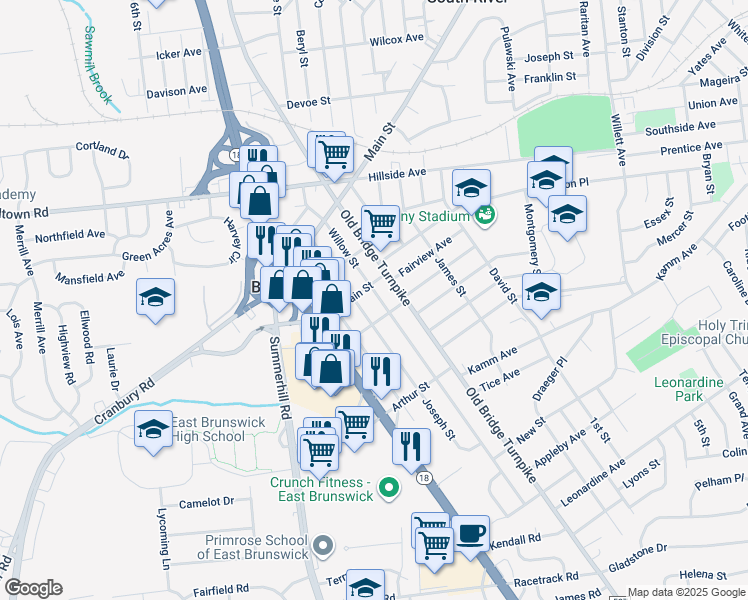 map of restaurants, bars, coffee shops, grocery stores, and more near 187 Willow Street in East Brunswick