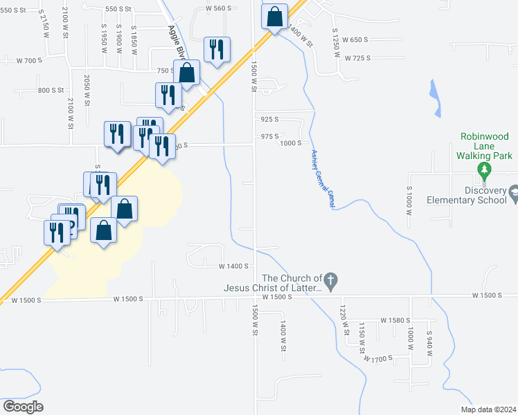 map of restaurants, bars, coffee shops, grocery stores, and more near 1209 South 1500 West in Vernal