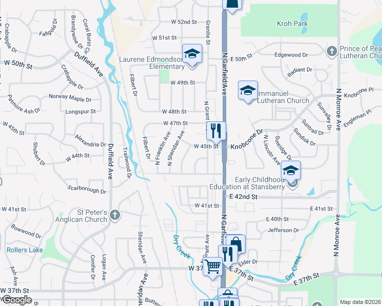 map of restaurants, bars, coffee shops, grocery stores, and more near 309 West 45th Street in Loveland