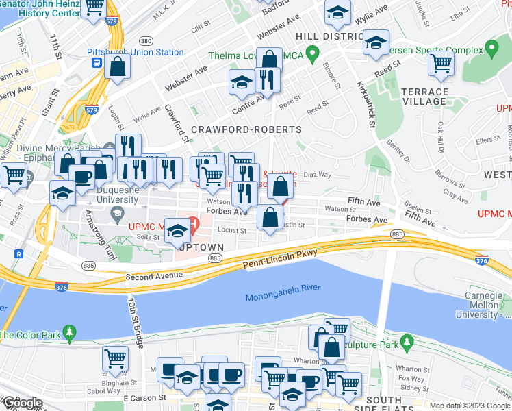 map of restaurants, bars, coffee shops, grocery stores, and more near 116 Miltenberger Street in Pittsburgh