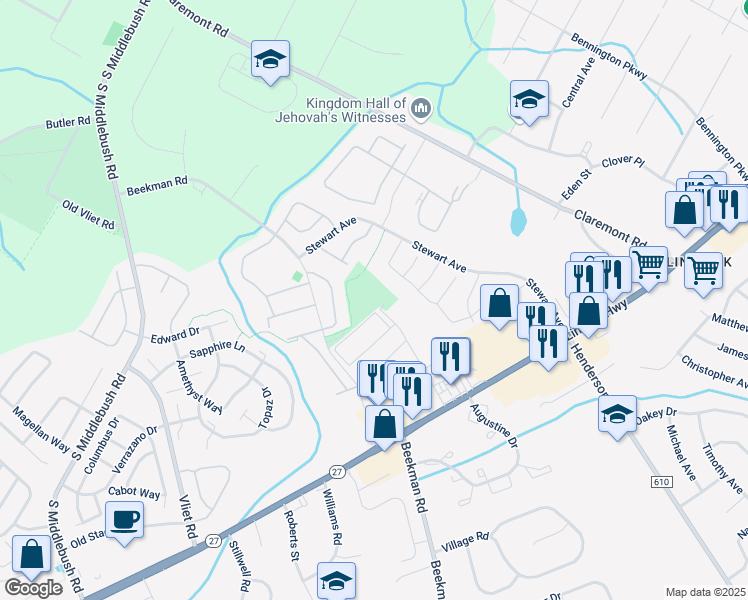 map of restaurants, bars, coffee shops, grocery stores, and more near 27 Delar Parkway in Franklin Township