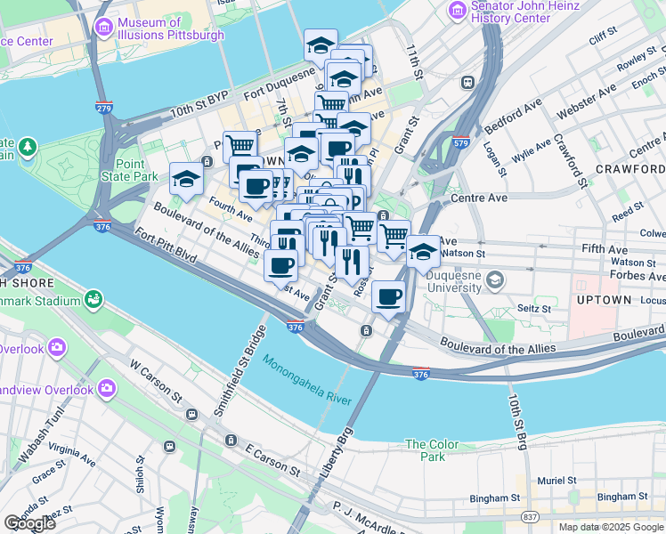 map of restaurants, bars, coffee shops, grocery stores, and more near 301 Grant Street in Pittsburgh