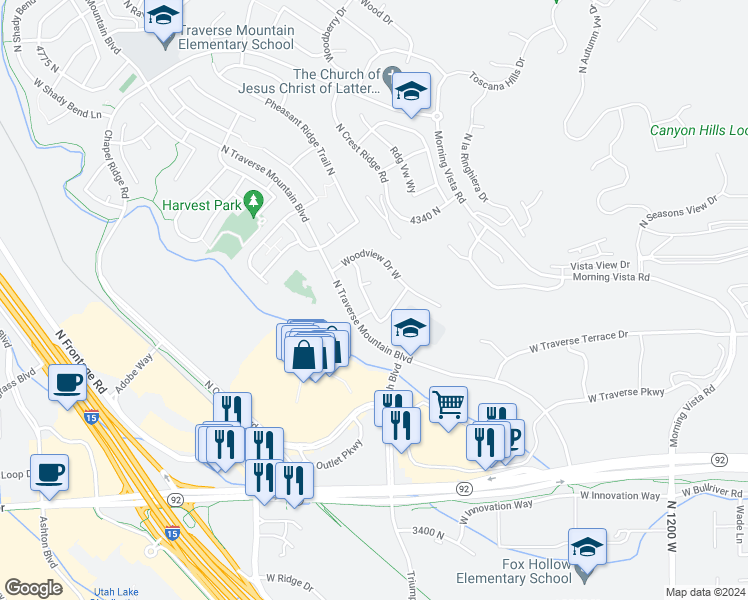 map of restaurants, bars, coffee shops, grocery stores, and more near 4062 North Heatherfield Lane in Lehi