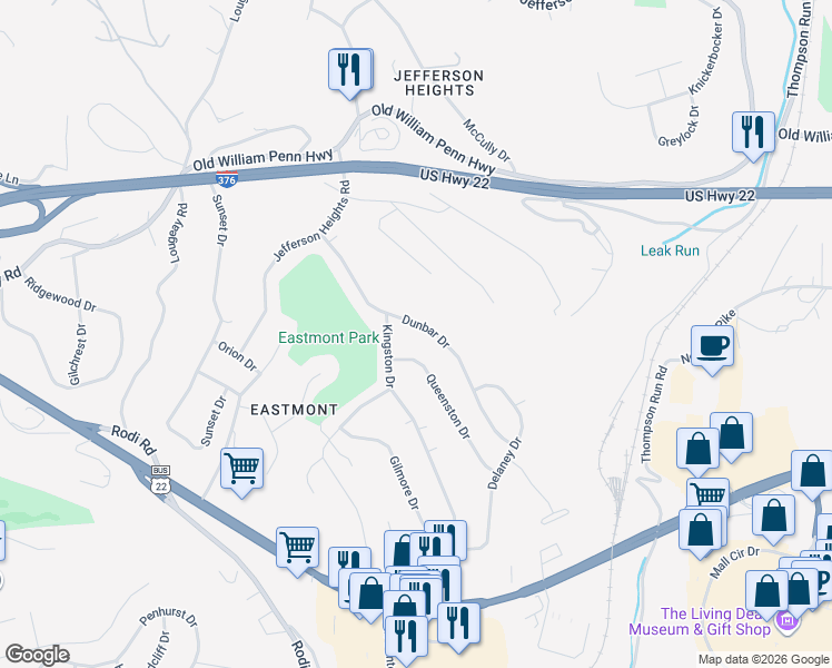 map of restaurants, bars, coffee shops, grocery stores, and more near 318 Dunbar Drive in Pittsburgh