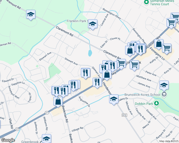 map of restaurants, bars, coffee shops, grocery stores, and more near 24 Fisher Drive in Franklin Township
