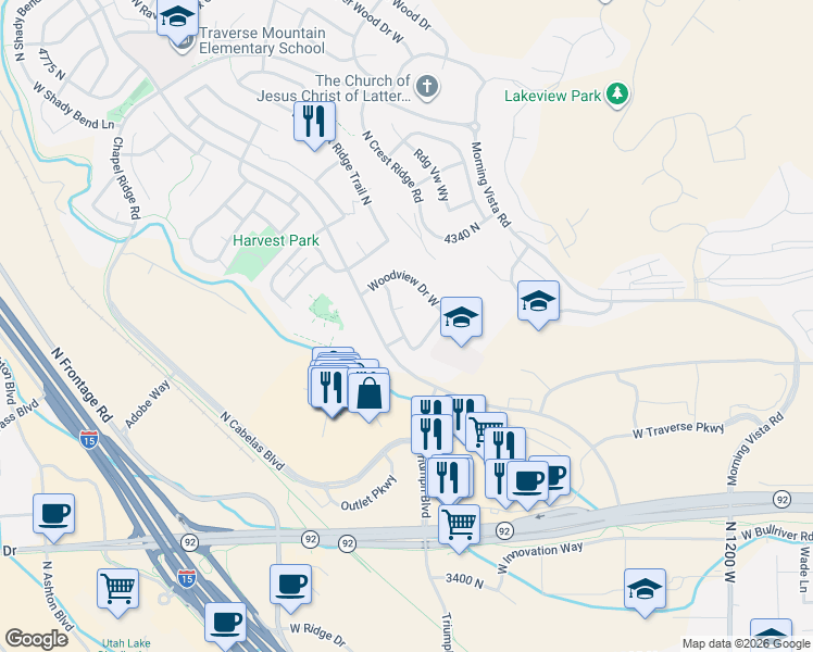 map of restaurants, bars, coffee shops, grocery stores, and more near 4128 Heatherfield Lane North in Lehi