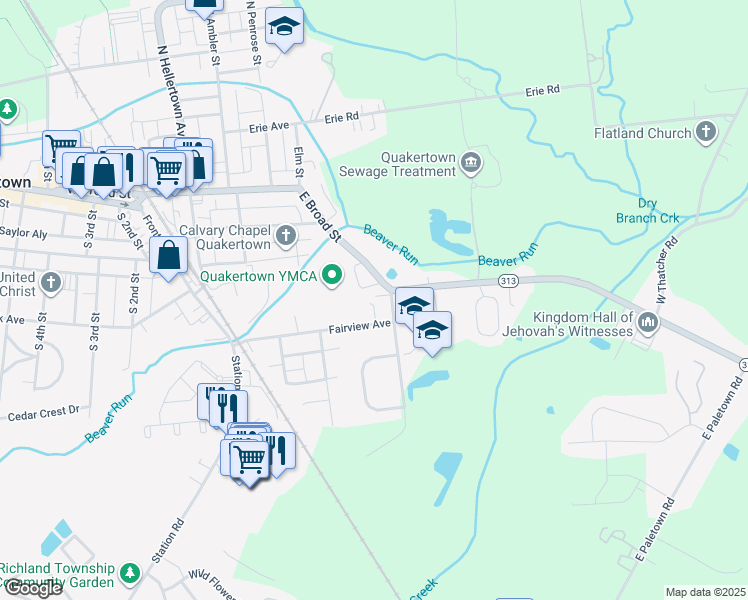 map of restaurants, bars, coffee shops, grocery stores, and more near 630 East Broad Street in Quakertown