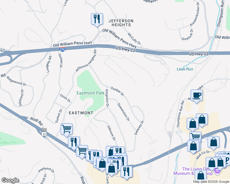 map of restaurants, bars, coffee shops, grocery stores, and more near 318 Dunbar Drive in Pittsburgh