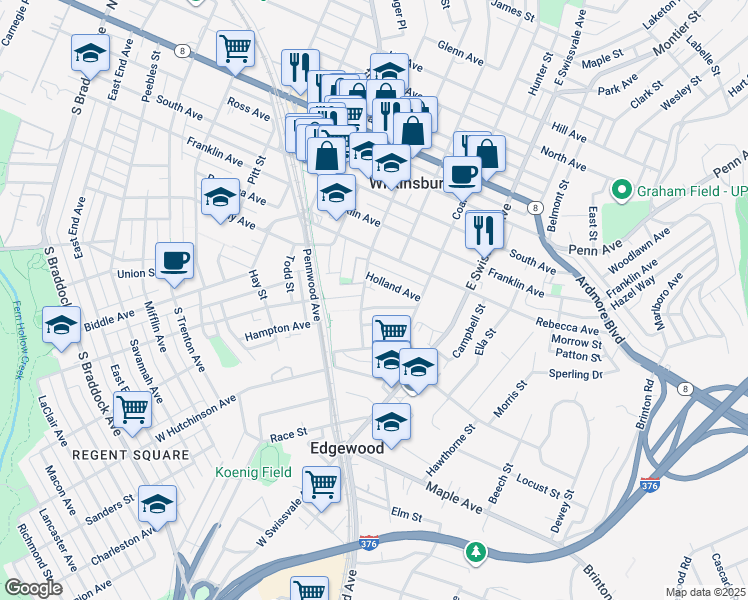 map of restaurants, bars, coffee shops, grocery stores, and more near 413 Center Street in Pittsburgh