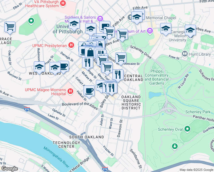 map of restaurants, bars, coffee shops, grocery stores, and more near in Pittsburgh