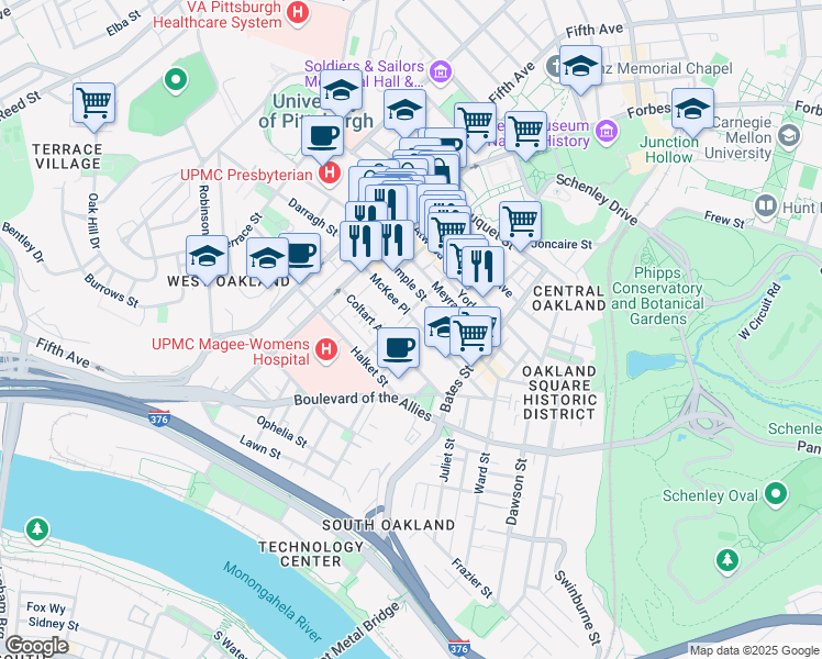 map of restaurants, bars, coffee shops, grocery stores, and more near 299 McKee Place in Pittsburgh