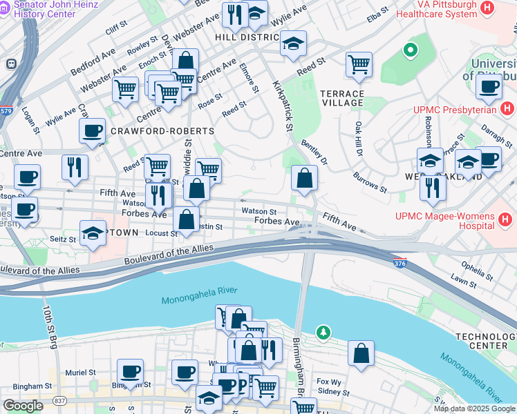 map of restaurants, bars, coffee shops, grocery stores, and more near 2029 De Ruad Street in Pittsburgh