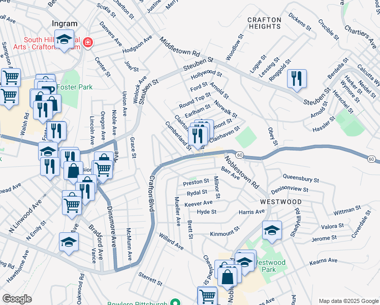 map of restaurants, bars, coffee shops, grocery stores, and more near 107 Clairtonica Street in Pittsburgh