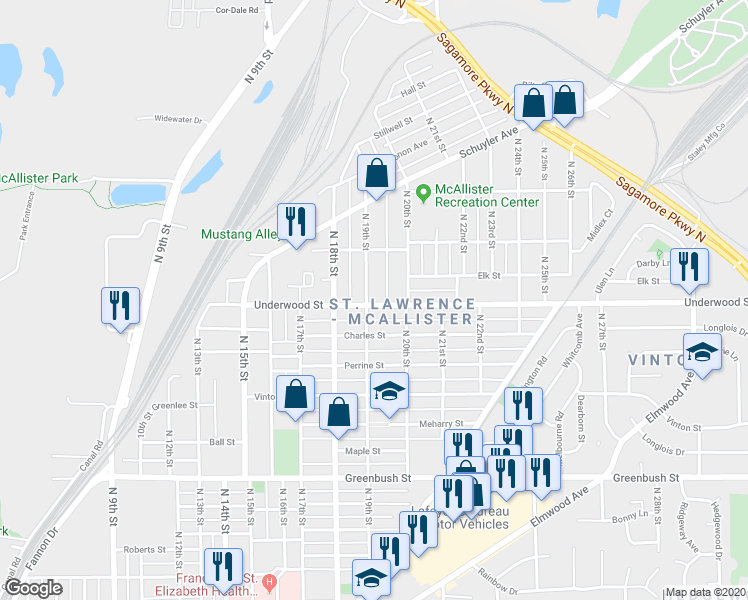 map of restaurants, bars, coffee shops, grocery stores, and more near 2119 North 19th Street in Lafayette