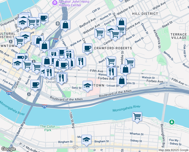 map of restaurants, bars, coffee shops, grocery stores, and more near 1410 Fifth Avenue in Pittsburgh