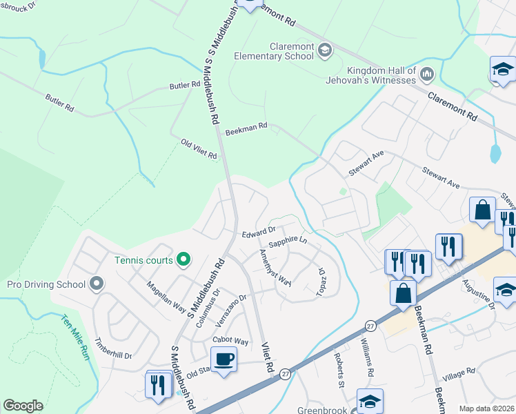 map of restaurants, bars, coffee shops, grocery stores, and more near 54 Amethyst Way in Franklin Township