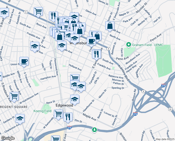 map of restaurants, bars, coffee shops, grocery stores, and more near in Wilkinsburg