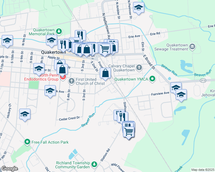 map of restaurants, bars, coffee shops, grocery stores, and more near 126 Park Avenue in Quakertown