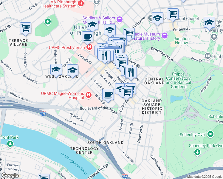 map of restaurants, bars, coffee shops, grocery stores, and more near 308 McKee Place in Pittsburgh