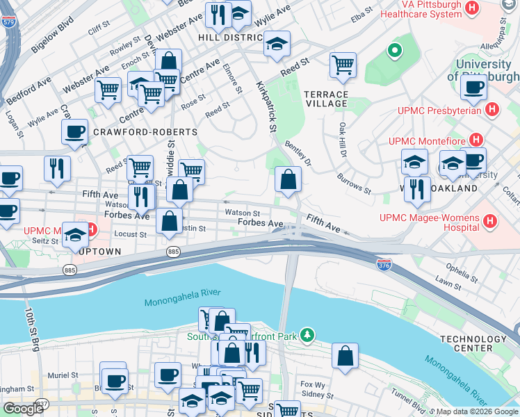 map of restaurants, bars, coffee shops, grocery stores, and more near 2120 Fifth Avenue in Pittsburgh