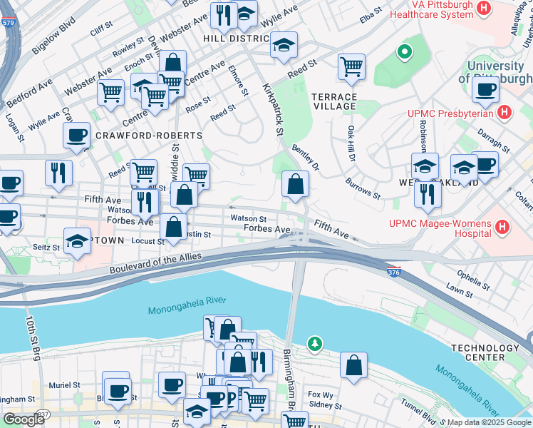 map of restaurants, bars, coffee shops, grocery stores, and more near 2120 Fifth Avenue in Pittsburgh