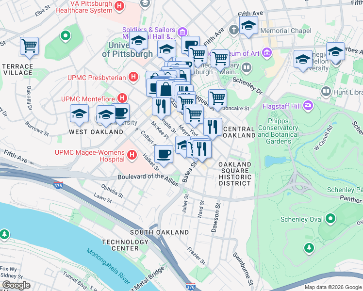 map of restaurants, bars, coffee shops, grocery stores, and more near in Pittsburgh