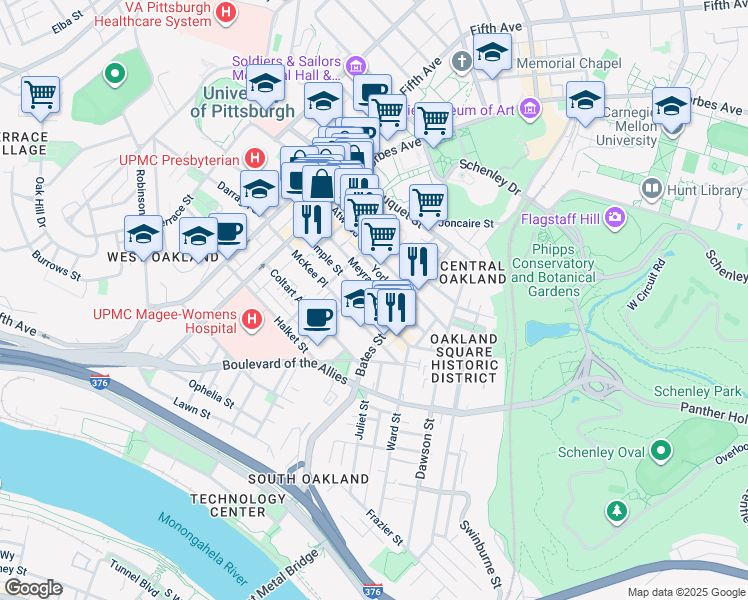map of restaurants, bars, coffee shops, grocery stores, and more near in Pittsburgh
