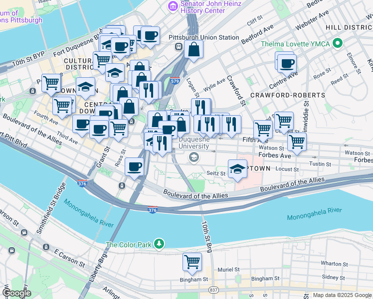 map of restaurants, bars, coffee shops, grocery stores, and more near 1015 Forbes Avenue in Pittsburgh