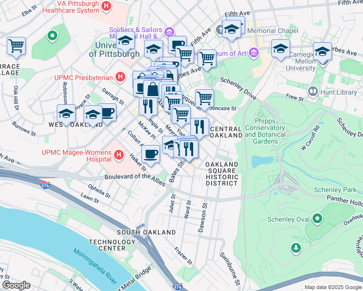 map of restaurants, bars, coffee shops, grocery stores, and more near in Pittsburgh
