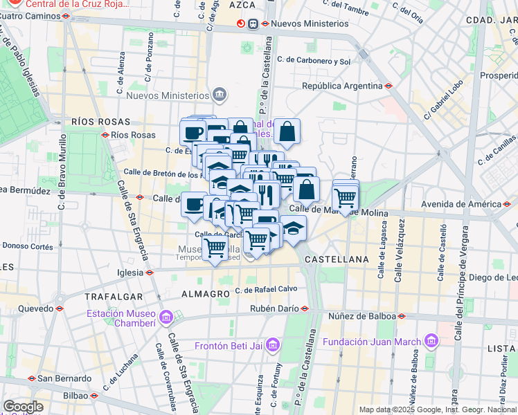 map of restaurants, bars, coffee shops, grocery stores, and more near 56 Calle de José Abascal in Madrid