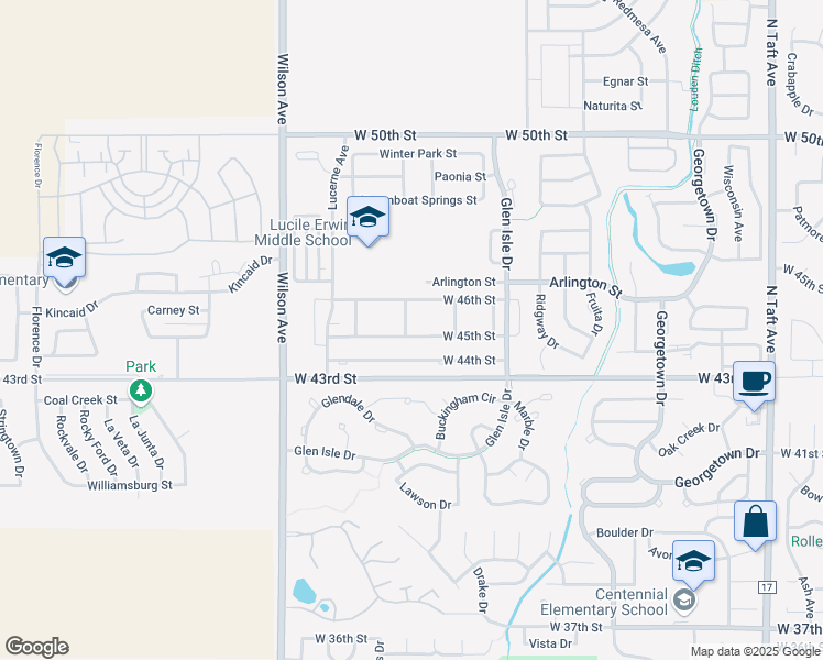 map of restaurants, bars, coffee shops, grocery stores, and more near 2453 West 45th Street in Loveland