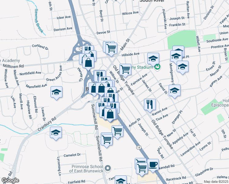 map of restaurants, bars, coffee shops, grocery stores, and more near 197 Willow Street in East Brunswick