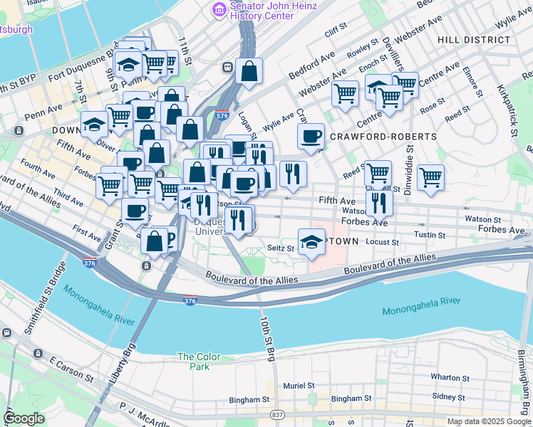 map of restaurants, bars, coffee shops, grocery stores, and more near 1045 Forbes Avenue in Pittsburgh