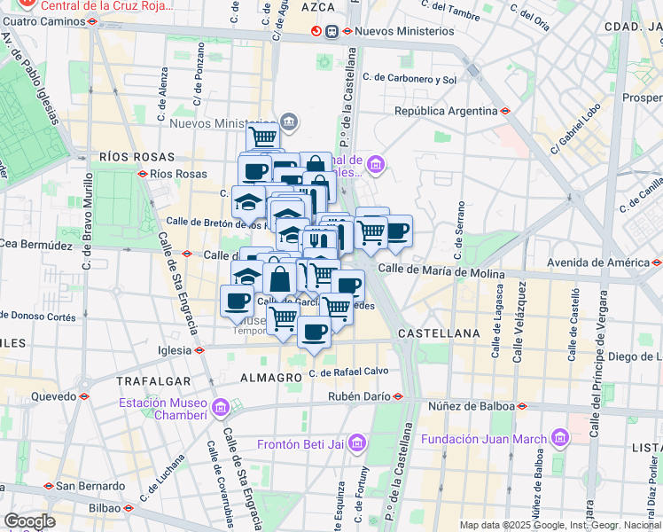 map of restaurants, bars, coffee shops, grocery stores, and more near 56 Calle de José Abascal in Madrid
