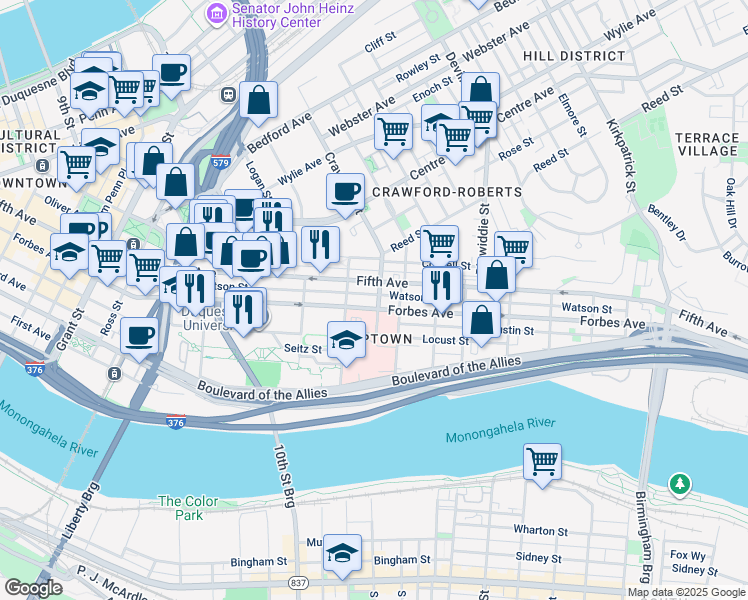 map of restaurants, bars, coffee shops, grocery stores, and more near 1425 Forbes Avenue in Pittsburgh