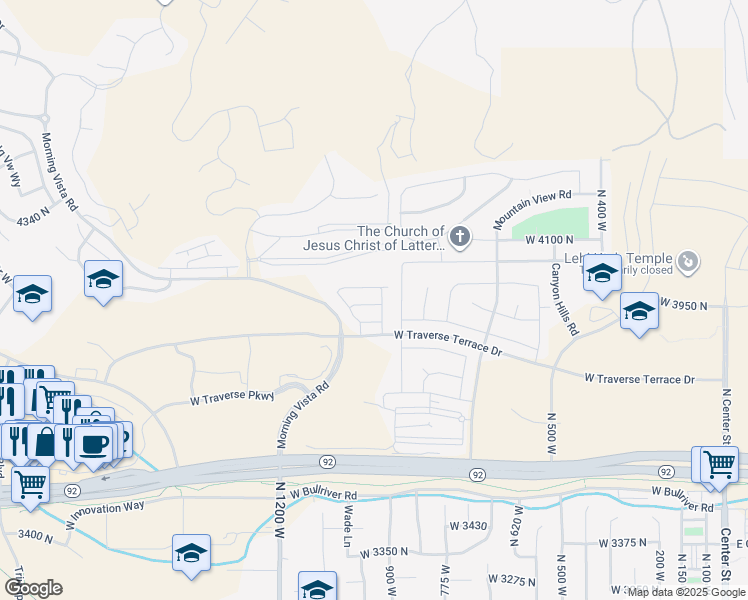 map of restaurants, bars, coffee shops, grocery stores, and more near 4200 Seasons View Drive in Lehi