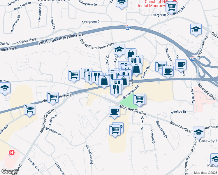map of restaurants, bars, coffee shops, grocery stores, and more near 3981 William Penn Highway in Monroeville