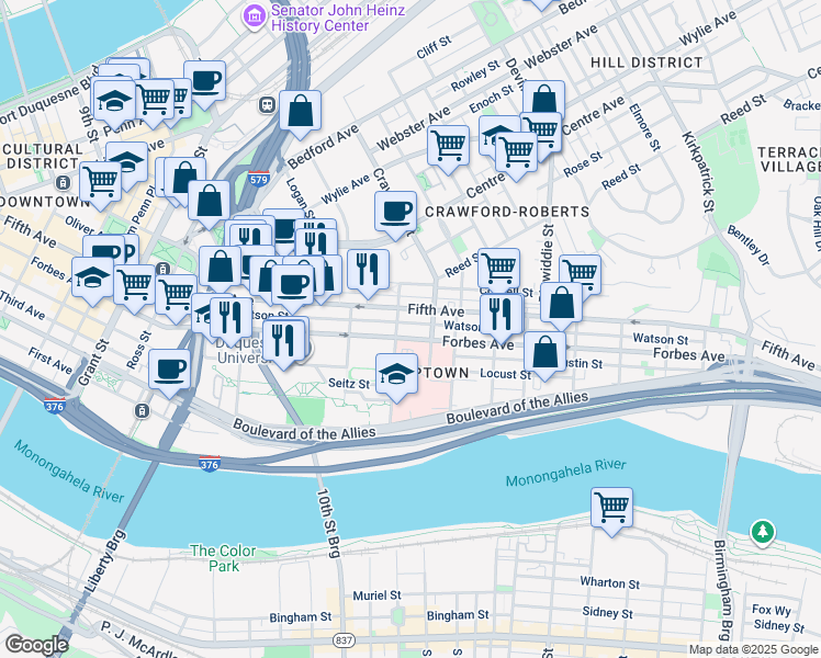 map of restaurants, bars, coffee shops, grocery stores, and more near 1401 Forbes Avenue in Pittsburgh