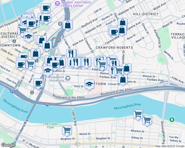 map of restaurants, bars, coffee shops, grocery stores, and more near 1401 Forbes Avenue in Pittsburgh