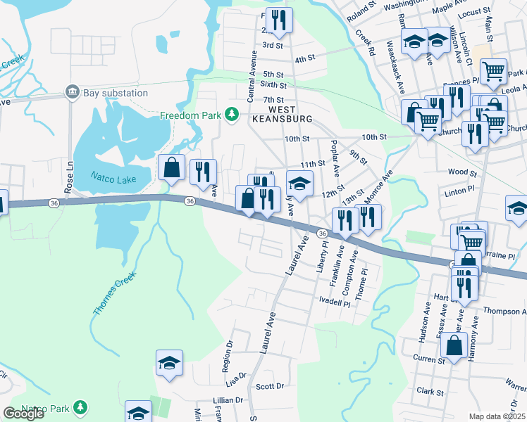 map of restaurants, bars, coffee shops, grocery stores, and more near 303 New Jersey 36 in Hazlet