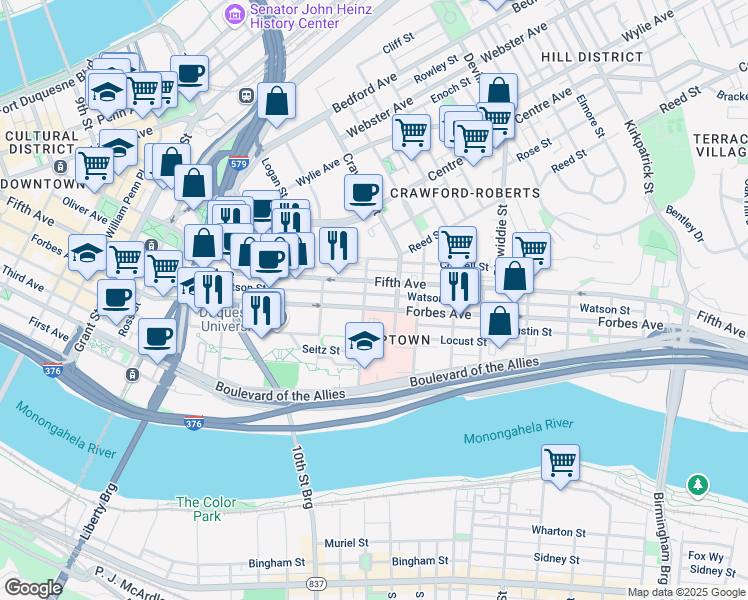 map of restaurants, bars, coffee shops, grocery stores, and more near 1410 Fifth Avenue in Pittsburgh