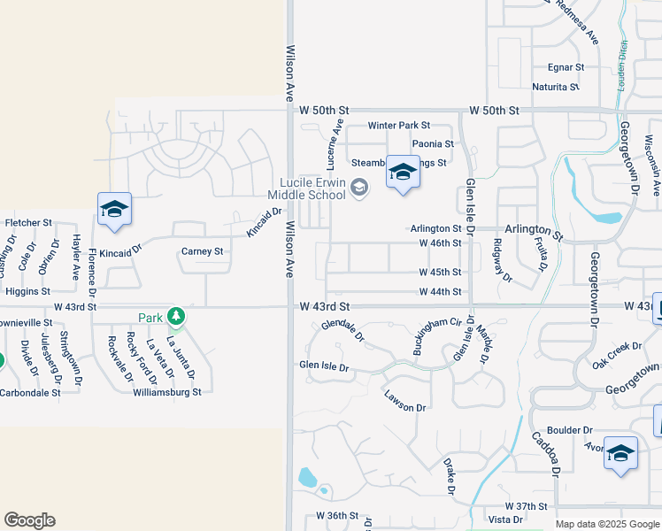 map of restaurants, bars, coffee shops, grocery stores, and more near 2691 West 45th Street in Loveland