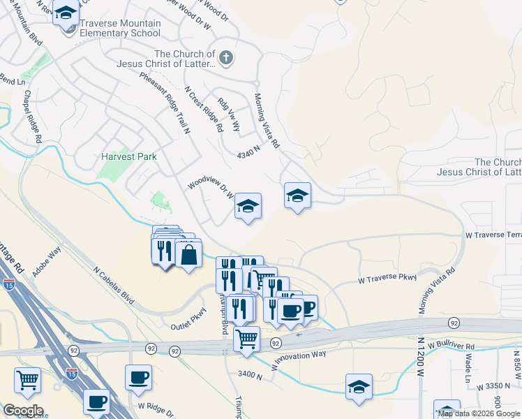 map of restaurants, bars, coffee shops, grocery stores, and more near 1828 Woodview Drive West in Lehi