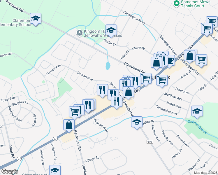 map of restaurants, bars, coffee shops, grocery stores, and more near 5 Fisher Drive in Franklin Township